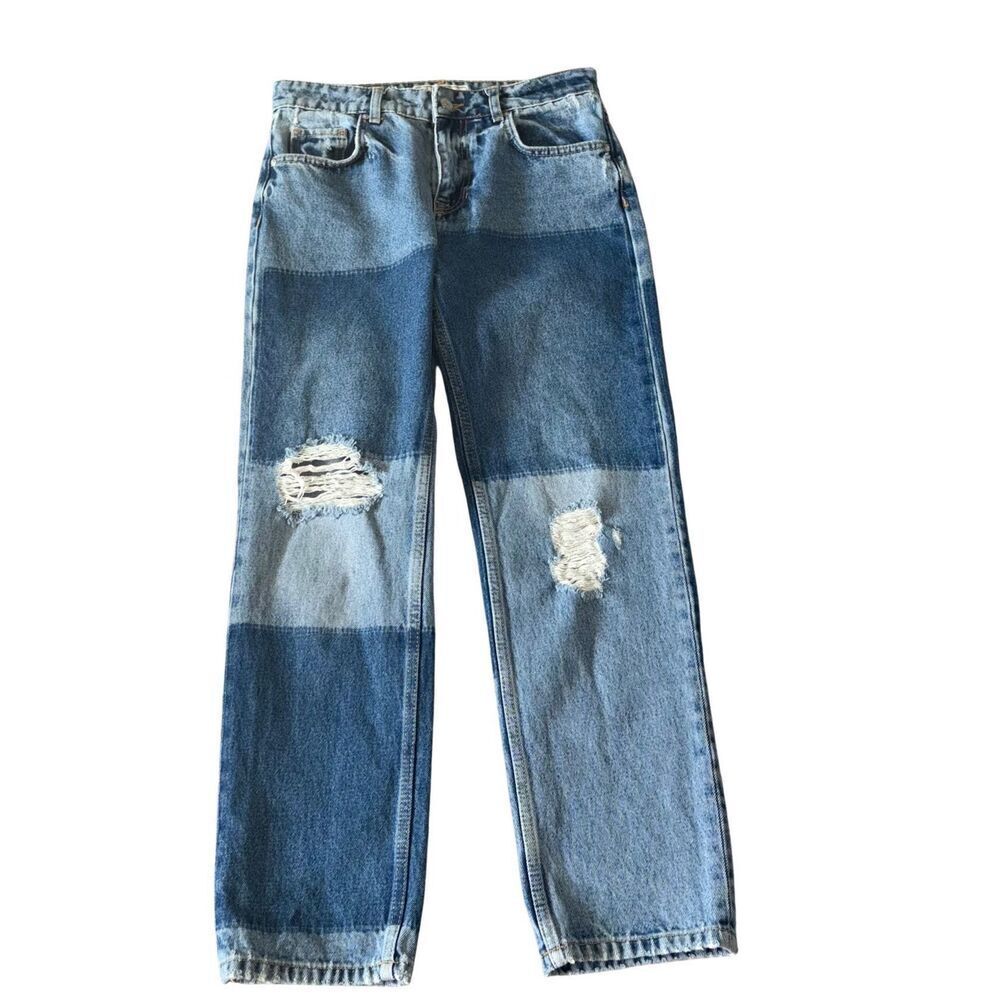 Free People Two-Tone Patchwork Straight-Leg Jeans in Blue